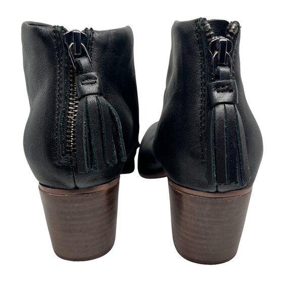 TOMS BLACK LEATHER HEEL ANKLE BOOTS 6.5 WOMENS BACK  ZIP TASSEL BOOTIES WOOD HEE - Picture 10 of 16